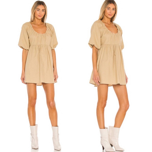 House of Harlow Ajay Mini Dress Linen Cotton Tan Puff Sleeves Babydoll Sz M - Picture 2 of 11